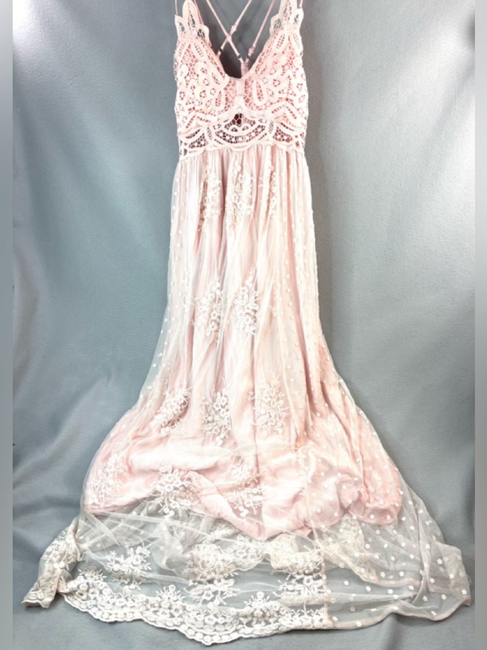 Main Strip M Balletcore Romance Etherial Blush Lace Maxi Dress with Strappy Back - Picture 5 of 10